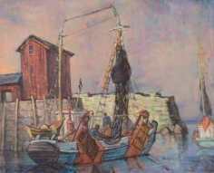Philip Reisman oil painting of sheltered harbor.