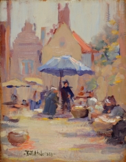Ruth Anderson oil painting entitled "Fish Market, Bruges".