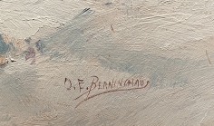 Image of signature on &quot;The Snow Covered Trail&quot; painting by Oscar Berninghaus.