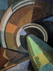 Closeup detail from abstract painting "Ballad for Two Women" by Seymour Franks showing cubist elements in green, yellow and brown.