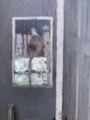 Image of a closeup detail in "Girl with Doll" painting by William Wallace Gilchrist showing an impressionist painting hanging on the wall near the doorway.