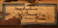 Closeup image of label verso fragment on "New England" painting by Stefan Hirsch.