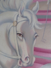 Closeup detail of horse's face in "Circus Scene" painting by Clarence Holbrook Carter.