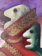 Closeup detail of two humanoid figures in "Blueprint of the Future" painting by Julio De Diego.