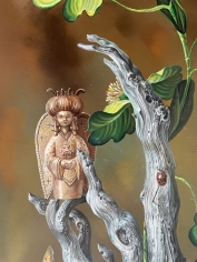 Closeup detail of Asian styled figurine, blossoms and ladybug in "Tree of Life" painting by Aaron Bohrod.