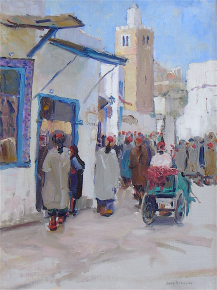 Oil painting of a Busy Corner, Tunis by Jane Peterson.