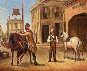 Image of "Horse Trade Scene, Cornish Maine" painting by Otis Bullard.