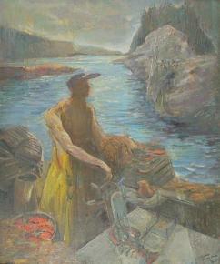 "Break of Day, Lobsterman" painting by Edward Chirsiana.