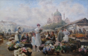 Oil painting by artist Emil Barbarini showing several people at an open air flower market in Vienna buying and selling flowers.