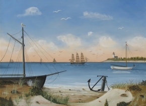 "Quiet Bay and Boats and Lighthouse in Distance" painting by Martha Cahoon.