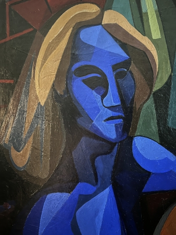 Closeup detail of blue woman's face done in a cubist style in the painting "Ballad for Two Women" by Seymour Franks.