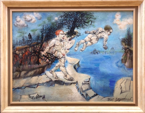 Image of wooden frame on "Lure of the Waters" painting by Philip Evergood.