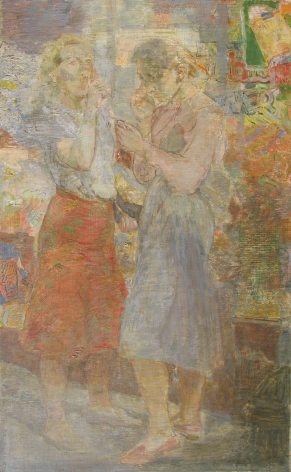 Image of Isabel Bishop's 1952 painting entitled "Interlude" depicting two women standing on a city street, one in a skirt and the other in a dress.