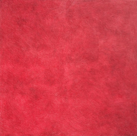 Image of "Argaman" oil painting by artist Jacob El Hanani depicting a red abstract painting with fine lines incised across the entire canvas.