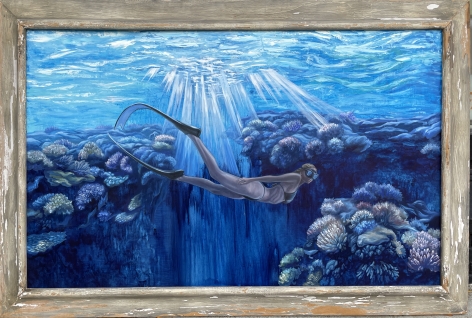 Frame view of oil painting "Self Portrait as a Free Diver" by Nikolina Kovalenko.