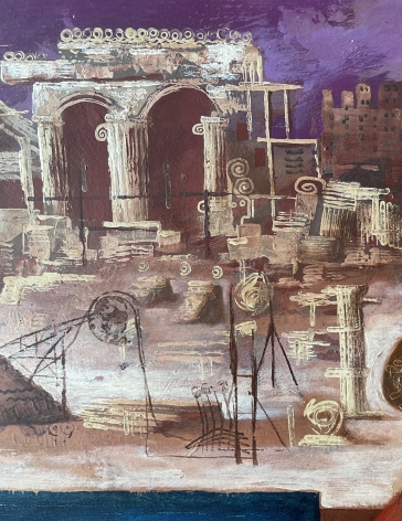 Image detail of the crumbling buildings in the background of "Blueprint of the Future" painting by Julio De Diego.