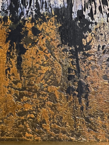 Image of surface texture of Untitled#001 abstract painting by Frederik Ottesen showing the golden brown and black section.