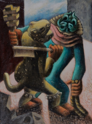 Image of &quot;Tlaloc and the Tiger&quot;painting by artist Julio De Diego featuring two mythical abstract creatures each of whom is holding weapons.