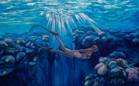 "Underwater Dreamer - Self Portrait as a Free Diver" oil painting by Nikolina Kovalenko.