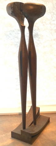 Image of &quot;Figur 82&quot; steel sculpture by artist Rudolf Hoflehner, showing two tall, thin, curved organic shapes with a split round shape on top of each.