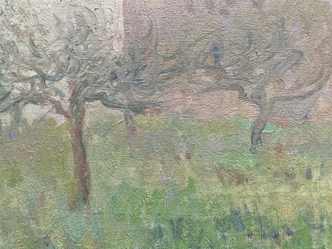 Closeup detail image of trees and grass in "Farm Orchard in Winter" painting by Thoedore Butler.