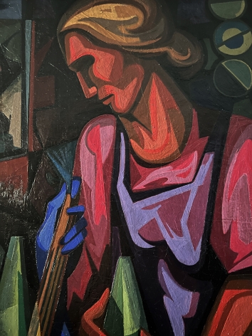 Closeup detail of red-skinned woman in purple apron in the painting "Ballad for Two Women" by Seymour Franks.