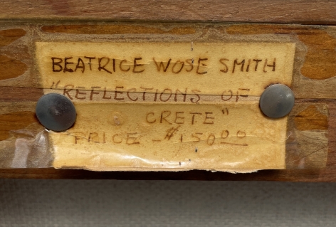 Label verso on "Reflections of Crete" by Beatrice Wose Smith.