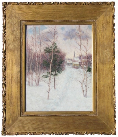 Gold colored frame view of Village in Winter painting by John Leslie Breck.
