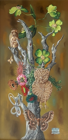 Image of "Tree of Life" painting by artist Aaron Bohrod depicting a tree branch with blossoms, a moth, bumblebee, and some found objects, flowers on it.