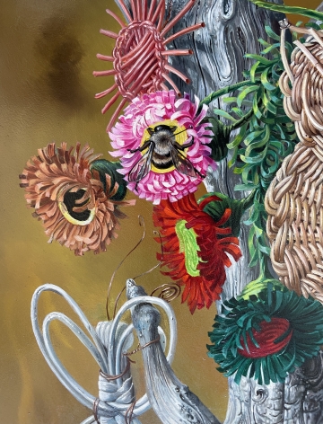 Closeup detail of flowers and bumblebee on"Tree of Life" painting by Aaron Bohrod.