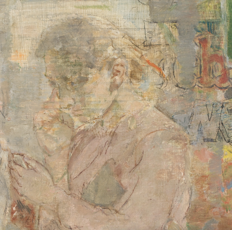 Closeup image of woman looking at her face with a hand-held compact in Isabel Bishop's painting "Interlude".