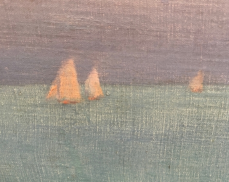 Closeup detail image of sailboats in the painting "On the Shore of Lake Erie".