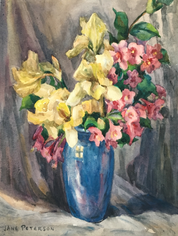 Irises & Weigela in Blue Vase watercolor by Jane Peterson.