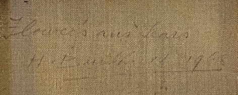 Image of verso inscription on painting "Flowers & Tears" by Hans Burkhardt.