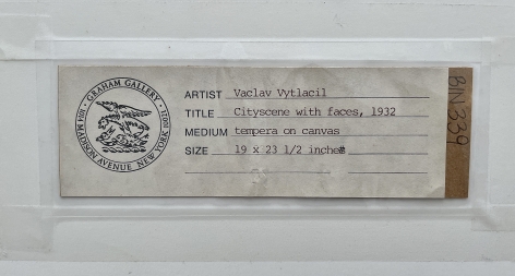 Verso label on "City Scene with Faces" by Vaclav Vytlacil.