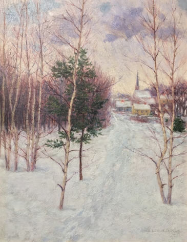 Image of painting of a small nineteenth century village in the background of a wooded winter view by artist John Leslie Breck.