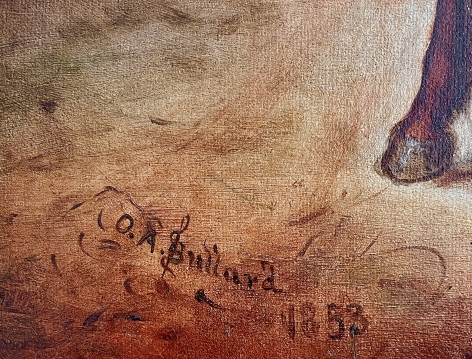 Image of signature and date on "Horse Trade Scene" painting by Otis Bullard.