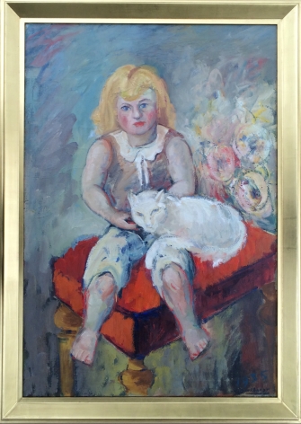 Image of gold frame on "Girl with Cat" painting by Hans Burkhardt.