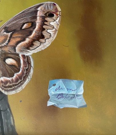 Closeup detail of signature and partial moth wing on "Tree of Life" painting by Aaron Bohrod.
