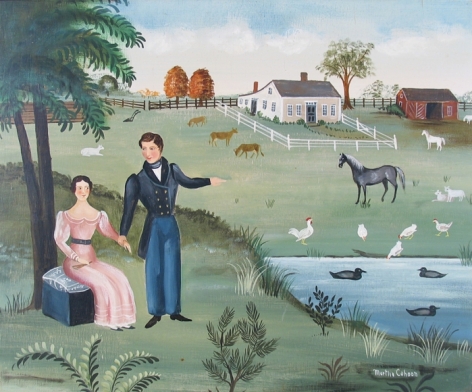 Oil painting of couple by farmyard by Martha Cahoon.