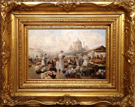 Frame of Vienna Flower Market painting by Emil Barbarini.