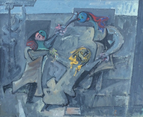 Image of abstract figurative1964 painting entitled "Fasnacht" by Hans Burkhardt depicting three cubist figures holding hands in a circle against a somber grey and muted blue abstract background.
