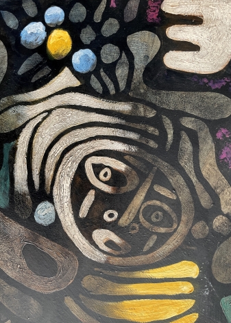 Closeup detail of an abstract face in painting of "Ceremonial Dancers" by Julio De Diego.