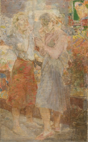 Image of 1952 painting entitled "Interlude" by artist Isabel Bishop, depicting two women standing on a street, one wearing an orange skirt and yawning into her hand and the other looking at her face in a compact.