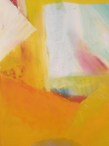 Closeup detail image of white and yellow-orange section on Untitled 1963 abstract oil painting by John Grillo.