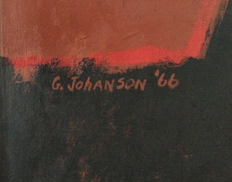 Signature on "Teatime for Nudes" painting by George Johanson.