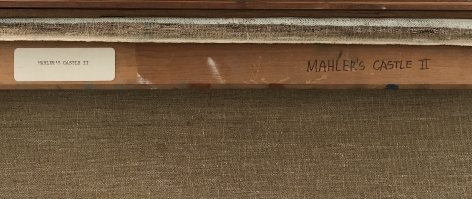 Image of title inscription and white sticker with same on verso on "Mahler's Castle II" painting by Budd Hopkins.