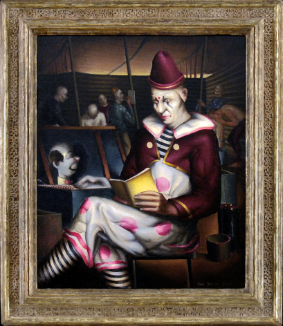 Frame view of Clown Reading painting.