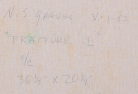 Image of verso inscription of artist's name, title, medium and size on &quot;Fracture I&quot; painting by Nancy Graves.