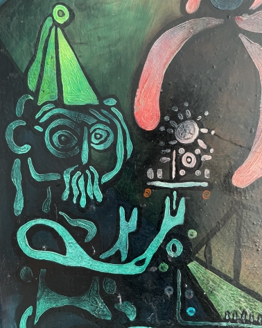 Closeup image detail of abstract green humanoid figure with hat in "Inevitable Day - Birth of the Atom"painting by Julio De Diego.